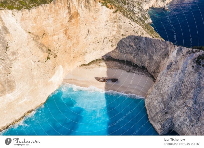 Aerial view of shipwreck in epic Navagio beach bay on Zakynthos Island, Greece. Summer vacation travel concept Beach navagio Sky Nature Mediterranean ionic