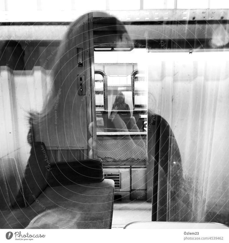 Woman photographing herself Black & white photo portrait Shadow Face Human being hair Feminine Adults Interior shot Train railway museum