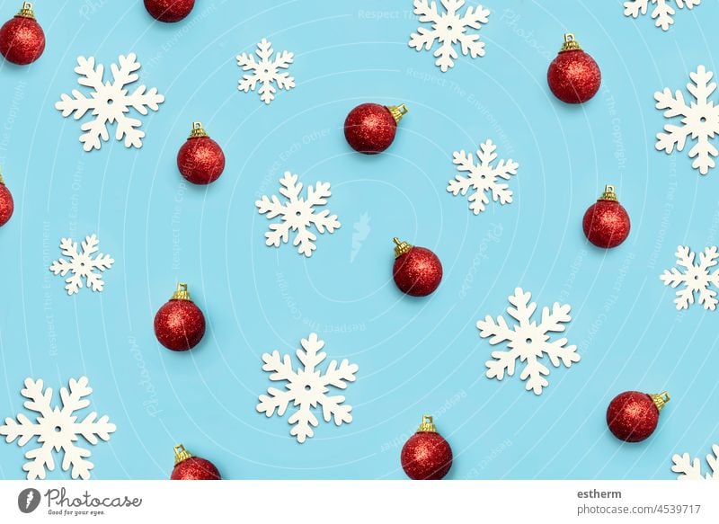 Merry Christmas. Top view of creative pattern made of christmas balls and snowflakes. Christmas concept background christmas tree christmas eve celebration