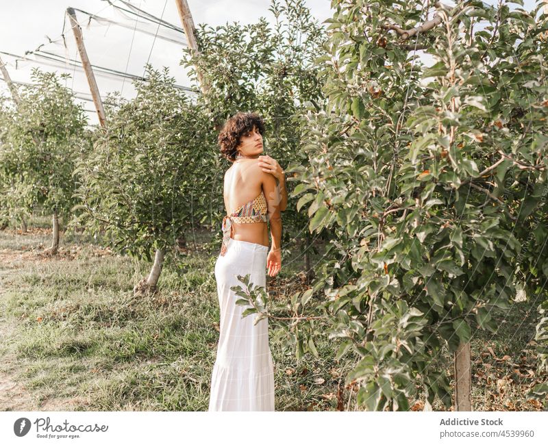 Gentle female standing in field with trees woman gentle feminine confident sensual style garden posture tender rural apple countryside row branch bare shoulders