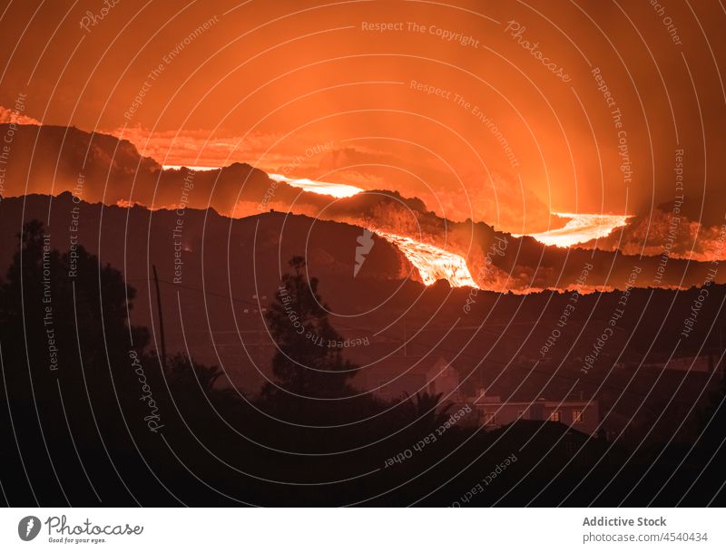 Night sky over erupting volcano in Spain mountain lava night magma terrain volcanic highland geology nature formation spectacular dark cumbre vieja la palma