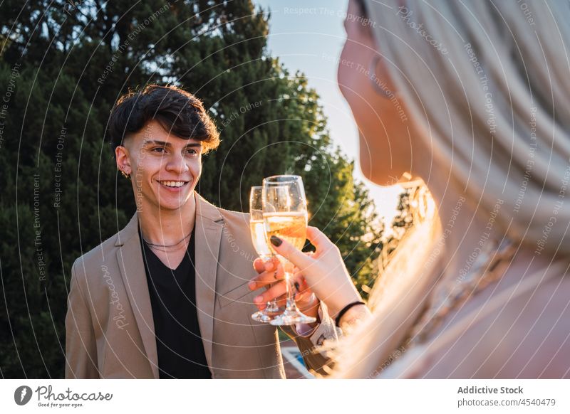 Couple toasting with glasses of champagne in park couple clink cheers smile booze together chill bonding date fondness alcohol affection drink beverage summer