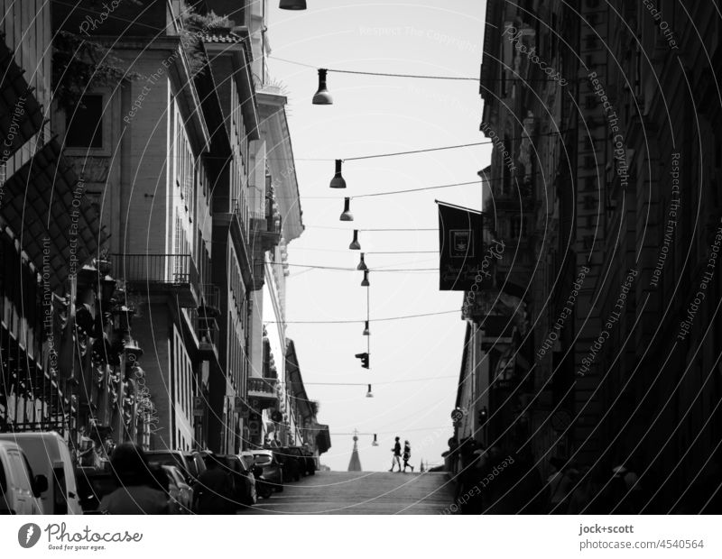 All roads led to Rome Italy Street Street lighting Black & white photo Sightseeing Silhouette Shadow Town Housefront Facade Downtown Pedestrian Going distance