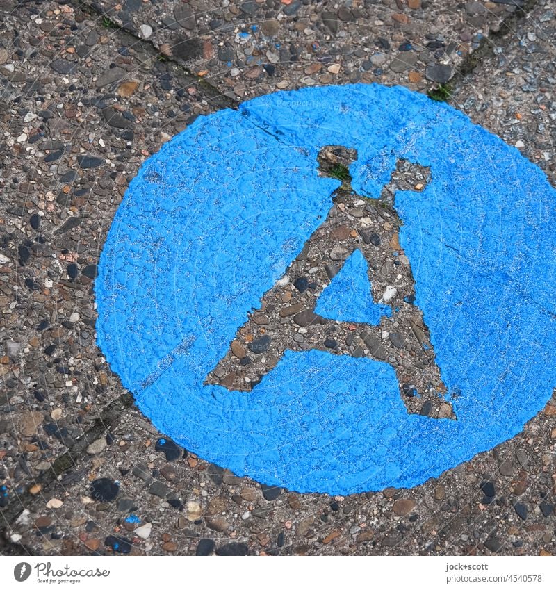 #letter #Ä #sidewalk #inSquare Stencil letters Typography Sidewalk Detail Street art Blue Paving tiles paint application Colour Characters umlaut Capital letter