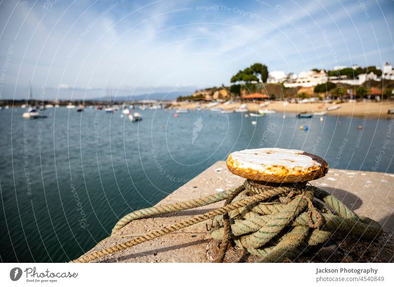 View of fishermen's line harbored in the port of Alvor with cityscape in the background, south of Portugal coast alvor algarve town fisherman copy space