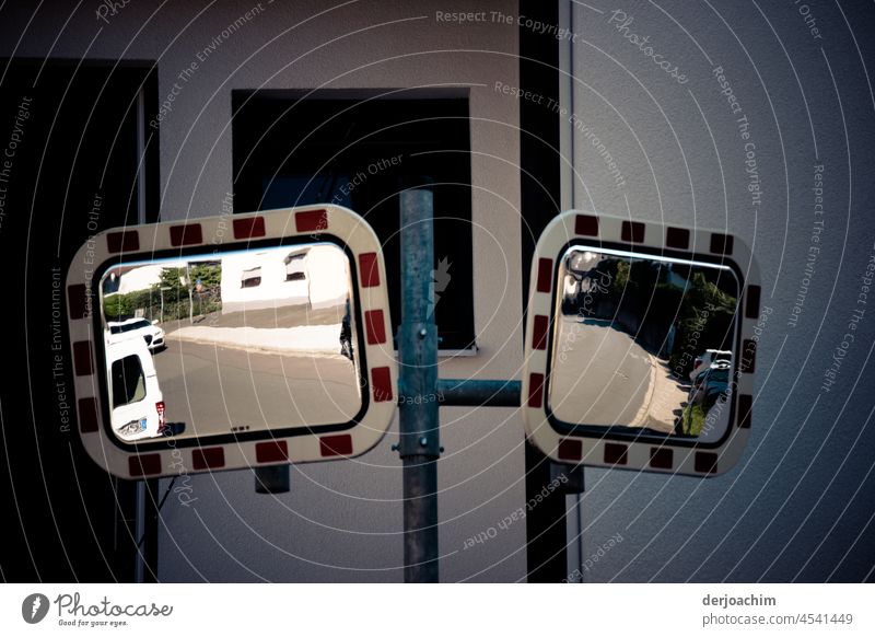 surreal // Good visibility with double traffic mirrors. Exterior shot Mirror Reflection Deserted Safety Transport Day Colour photo Car Street Vehicle