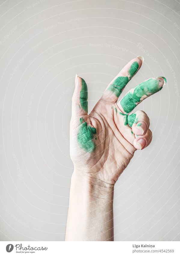 Hand with green paint on it Paint Colour Art Oil paint Acrylic paint Green Creativity Painting (action, artwork) Artist Leisure and hobbies Draw