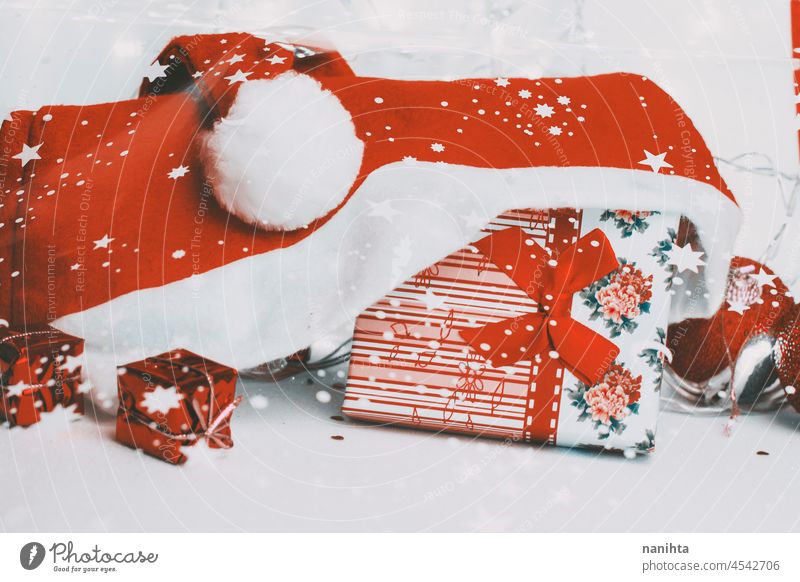 Image of christmas gifts in red and white santa background claus santa claus xmas party event snow happy joy space negative space copy space wallpaper backdrop