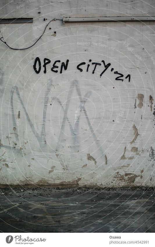 OPEN CITY '21 open city Dirty Detail White urban Design Mural painting writing Colour photo Youth culture Culture Art Creativity Letters (alphabet) Daub Plaster