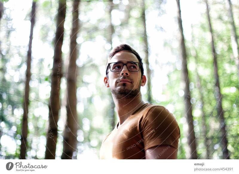 Light & Shadow Masculine Young man Youth (Young adults) Face 1 Human being 18 - 30 years Adults Forest T-shirt Eyeglasses Beautiful Colour photo Exterior shot