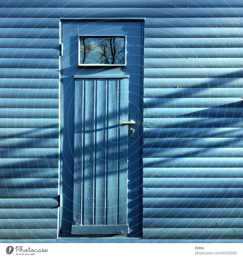 Heavenly door - partial shade on sunny wooden arbor with glass window Arbour Profiled Timber light blue Window shadow cast reflection Tree Sunlight Shadow