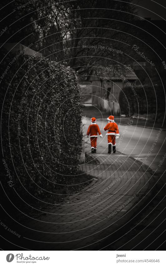 Two little Santas on a great journey Christmas Santa Claus cladding children Feasts & Celebrations Winter Funny Tradition Cap Joy December Human being two 2