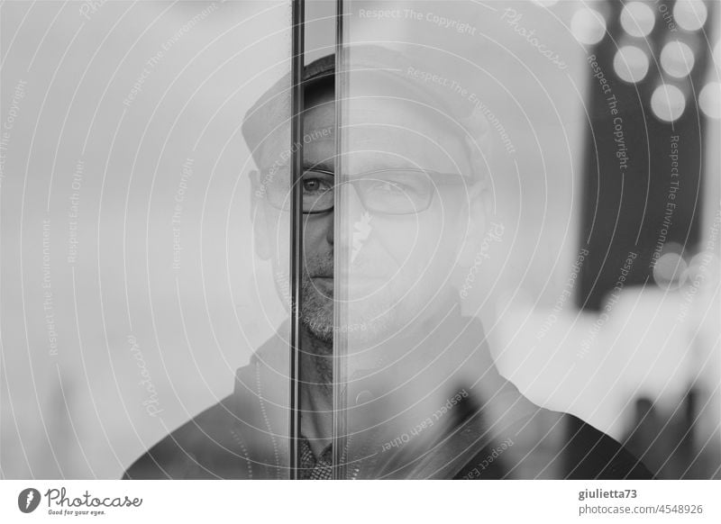 Black and white portrait | Hidden view of a man through a pane of glass Black & white photo Man Masculine Human being 1 Male senior Adults 45 - 60 years 50 plus