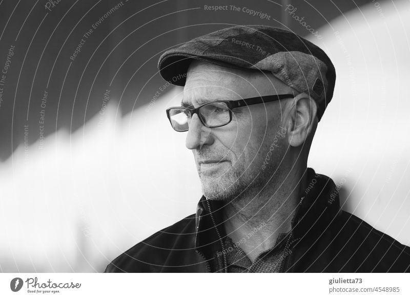 Black and white portrait of a melancholic man with glasses and cap | UT HH 19 Adults Man Male senior Human being Masculine Eyeglasses Hat Cap Peaked cap
