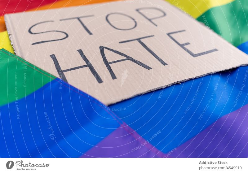 Stop Hate inscription on LGBT flag lgbt rainbow stop hate equal tolerance human rights freedom liberty colorful street pride symbol lgbtq homosexual community