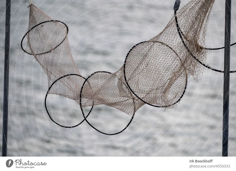 Broken fishing net hangs to dry Net Close-up Fishing net Suspended Fish trap Calm Shadow Deserted Light Structures and shapes Copy Space bottom Contrast