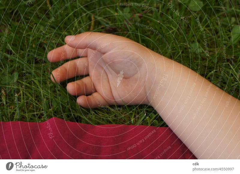 Childhood | relaxed child hand | angel at rest. Children`s hand Hand arm Fingers Meadow Grass Red Skin Rag Lie Sleep chill Rest doze body part Skin color