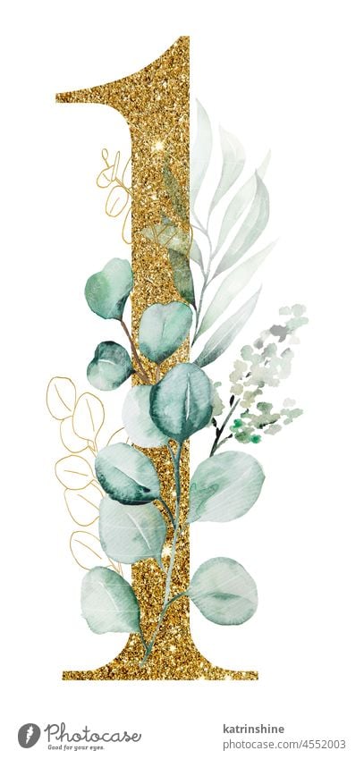 Golden number 1 decorated with green Watercolor eucalyptus branches isolated Botanical Character Drawing Element Hand drawn Holiday Isolated Nature Numeric