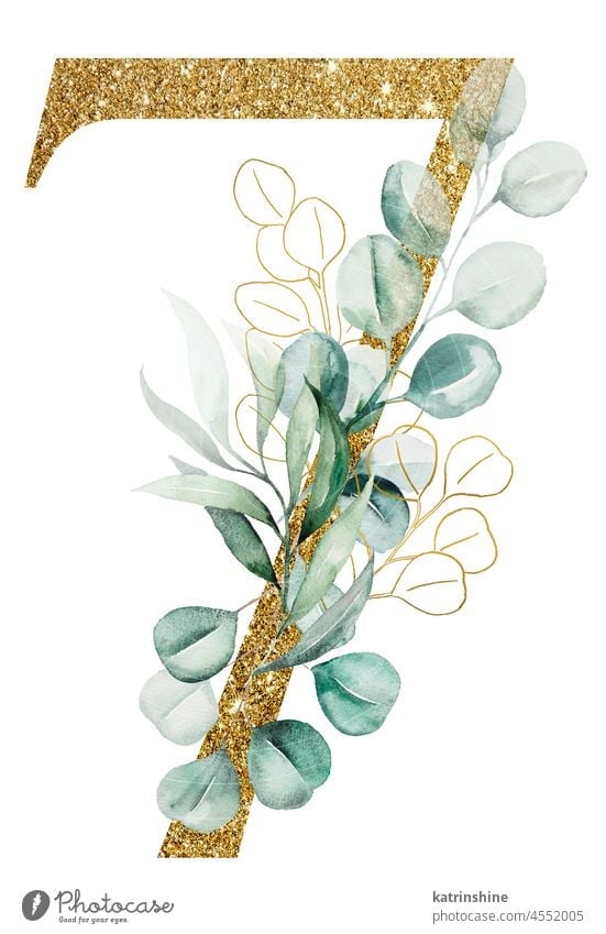Golden number 7 decorated with green Watercolor eucalyptus branches isolated Botanical Character Drawing Element Hand drawn Holiday Isolated Nature Numeric