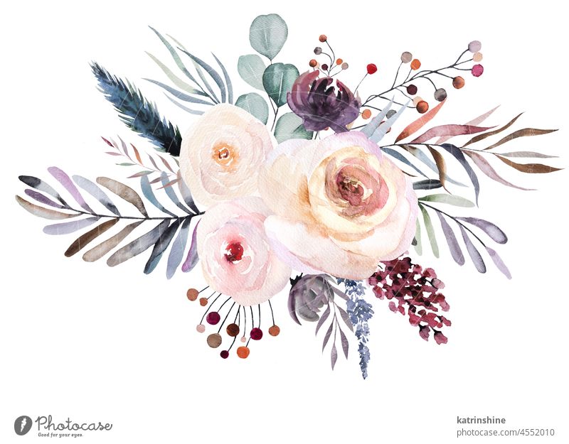 Winter floral Watercolor bouquet with pastel leaves, berries and flowers Botanical Christmas Drawing Element Hand drawn Holiday Isolated Nature Ornament Paint