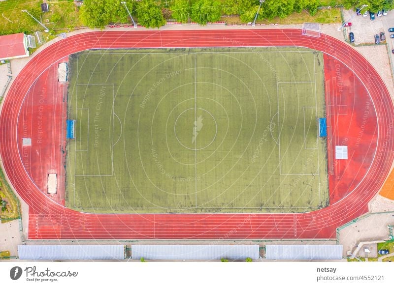 Aerial view of empty soccer field in Europe pitch aerial football stadium top grass ground alone background championship color competition corner court design
