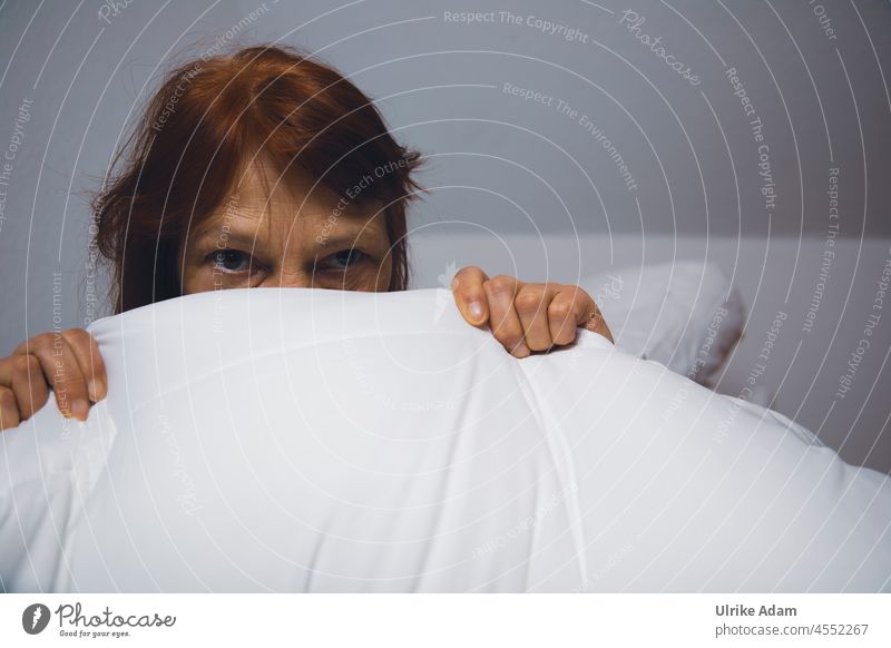 Oops 😱| woman hiding behind a bedspread Duvet Woman Fear Hide Hand Human being Face Panic eyes Caution eiderdown quilt Eyes hands Adults White anxiously
