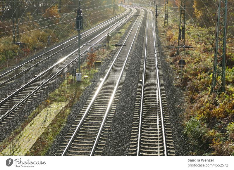 Rails in sunlight Track rails track Railroad tracks Train station Rail journey Rail transport Environment Sustainability Transport Eco-friendly