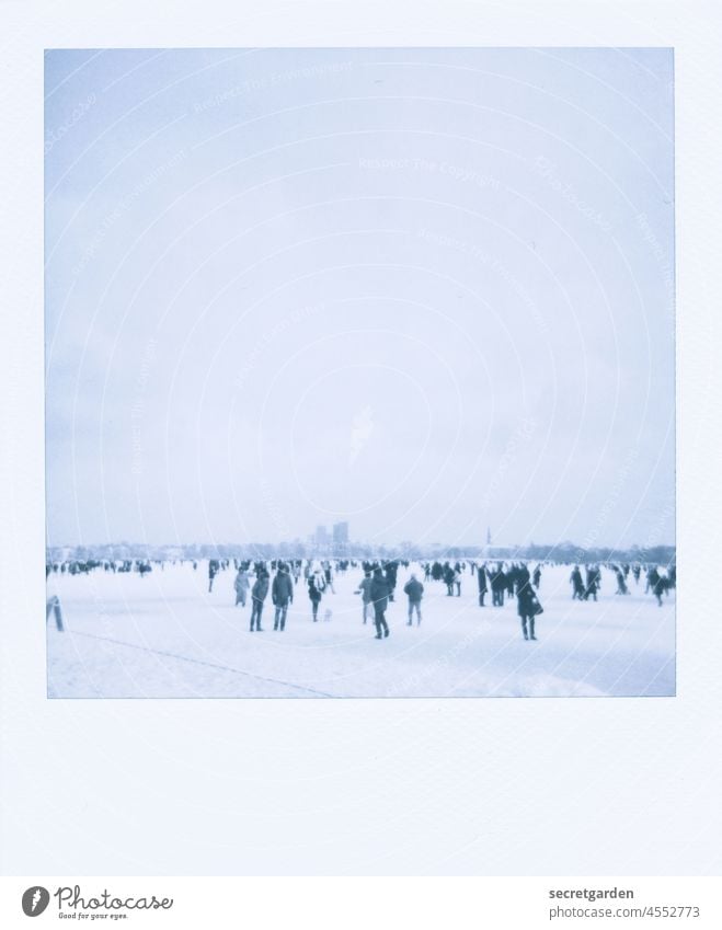 Winter wonderland Alster Hamburg Cold Polaroid Analog Crowd of people Blue White Bleak Ice frozen Ice Sheet Sky Clouds Winter's day Winter vacation Winter mood