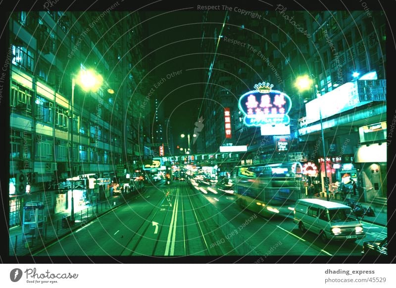 Green light Night Neon light Transport China Hongkong Architecture Movement Street Town Closed Odor