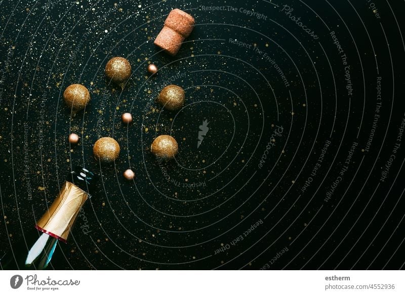 Happy New Year. Champagne bottle and Christmas balls,sparkling Glitter with space for text. New Years Eve celebration concept background christmas new years eve
