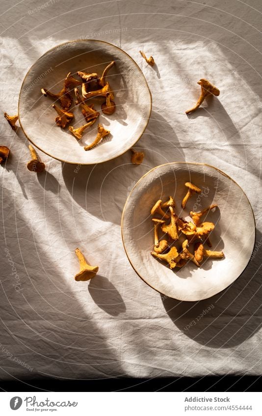 Mushroom on tablecloth in rural house chanterelle mushroom edible bowl wild kitchen raw collect autumn harvest food countryside pick forest biology wildlife