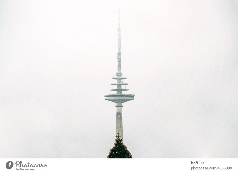 TV tower with Christmas tree in the fog christmas time Television tower Fog Shroud of fog minimalism Misty atmosphere Cold Winter Wall of fog Christmas mood