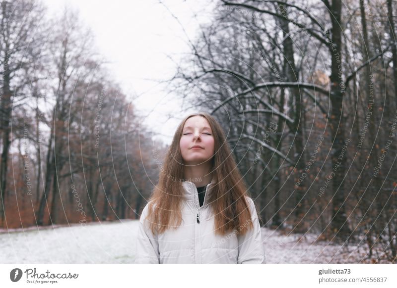 Lightness | Portrait of a young woman who breaks away from negative thoughts Ease Release Freedom Emotions Closed eyes Winter Dream Nature Forest Park Girl