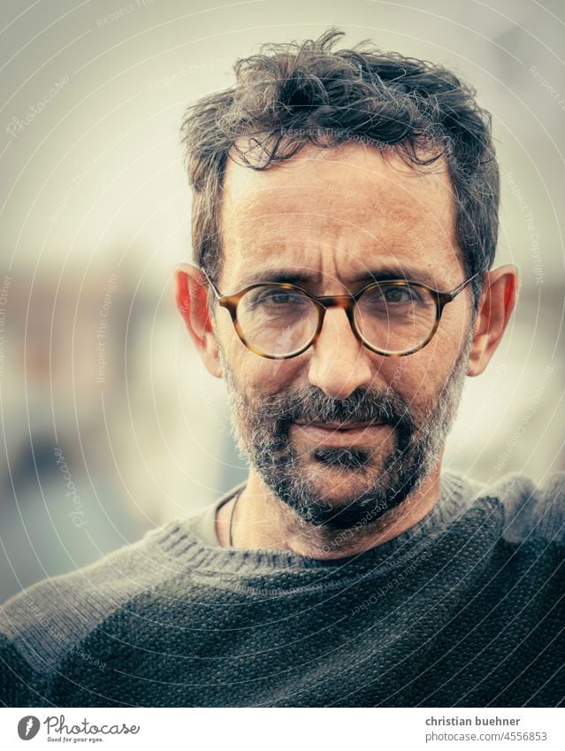 portrait of a 50 year old spanish man Man Spaniard southerners 50 years Earnest Meditative anxious sincerely Eyeglasses asking Facial hair haunting Actor