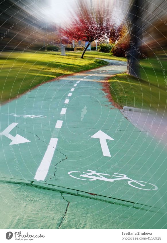 Bicycle path or bikeway in the park. bicycle path road bend trail infrastructure outdoor lawn grass tree urban city town Salamanca Spain sign designated green
