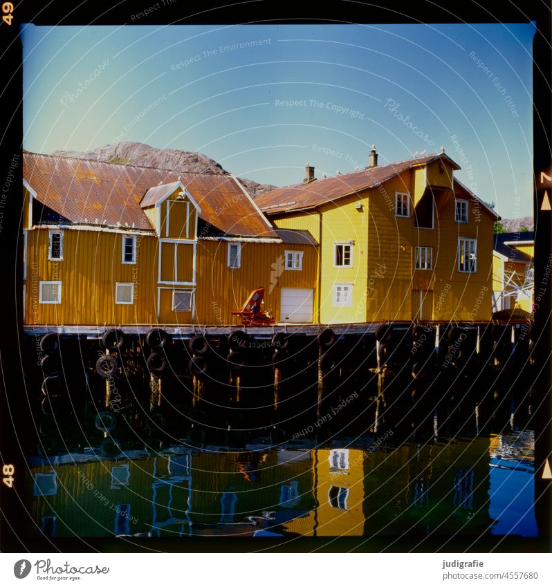 Norway, analog Lofotes Nusfjord Village Fishing village House (Residential Structure) Hut Building Tourist Attraction Idyll Living or residing Tourism