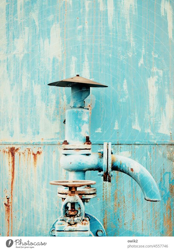 cock Tap Metal Old Light blue Rust Container Pipe Rustic Subdued colour Colour photo tap Gloomy Deserted Exterior shot Structures and shapes Long shot