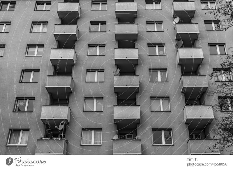 a balcony facade in Berlin Schöneberg b/w Balcony Rent Black & white photo Architecture B/W Exterior shot Deserted Day B&W Building Town Calm Loneliness