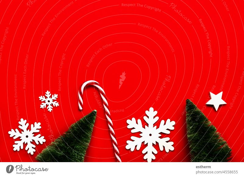 Merry Christmas. Christmas trees,snowflakes and striped candy cane with copy space. Christmas concept background christmas santa claus fun celebration