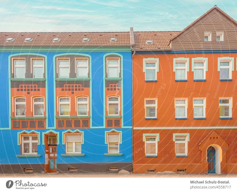 Colourful tenement houses of the Magdeburg modern age Architecture Colour photo Deserted Modern architecture Manmade structures House (Residential Structure)
