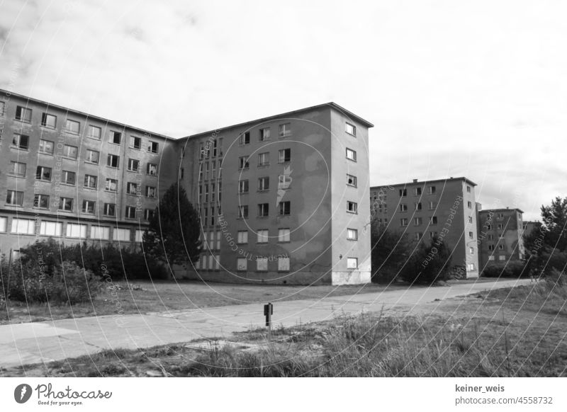 Black and white photo of the former Nazi holiday resort of Prora on the island of Rügen before its renovation NS Holiday Resort refurbishment Germany