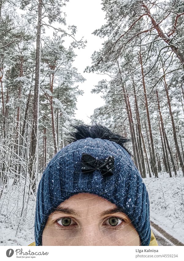 Obscured female in winter hat and in winter landscape Winter Winter mood Winter's day Winter forest Snow Nature Forest Cold Frost Snowscape Landscape