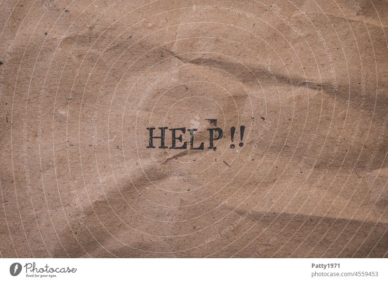 Stamped text on wrinkled paper. Help!! help Text Paper Grunge stamped crumpled words types Typography writing Language Word Letters (alphabet) Old serif font