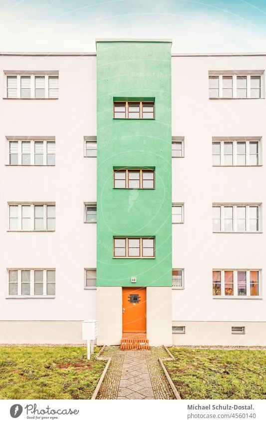 Residential house from the Bauhaus era in white-green Magdeburg modern new Build Architecture curie minimum Colour shape surface Geometry Modern architecture