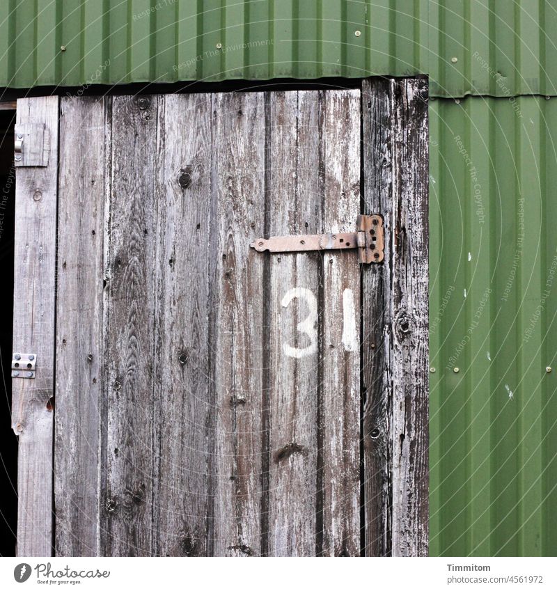 Meeting point no. 31 number door Facade Fishermans hut Corrugated sheet iron Wood Hinge Old Gray Green Deserted Detail Denmark House number