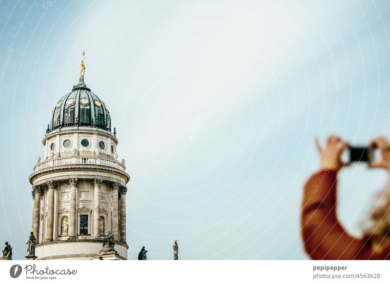 French cathedral in Berlin with woman in the foreground taking photos french cathedral Dome Colour photo Exterior shot Tourist Attraction Sky Downtown Berlin