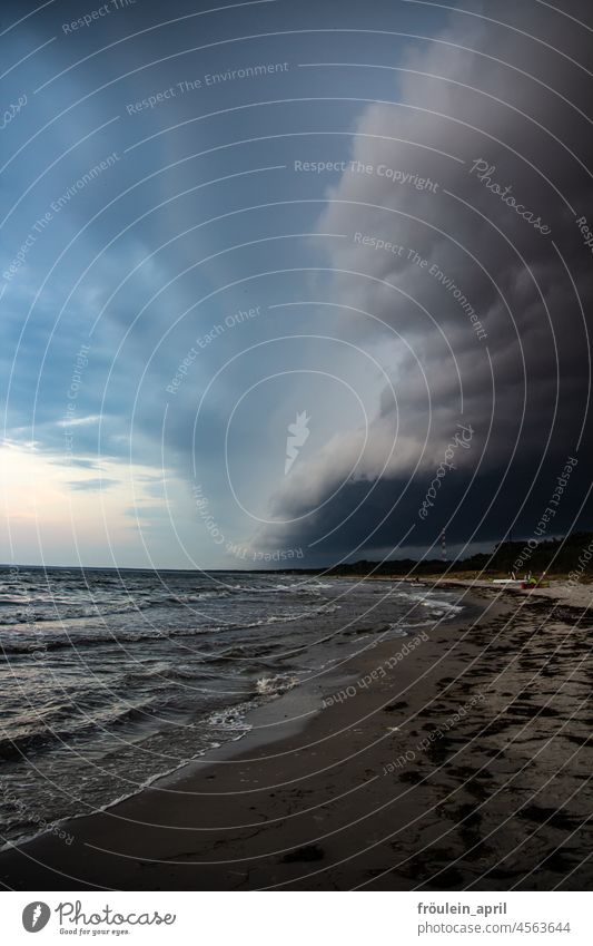 Three elements Thunder and lightning Ocean Baltic Sea Sand Moody Beach Water Waves Clouds Threat Dark Summer Sky coast Exterior shot Nature Landscape Storm
