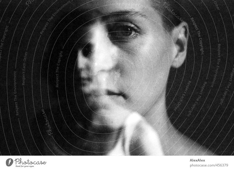 Soul - black and white, analogue double exposure - portrait of a young, slim woman Young woman Youth (Young adults) Head Eyes Ear Lips Shoulder 18 - 30 years