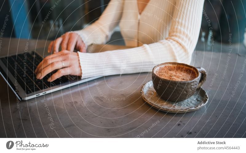 Cup of cappuccino placed on table near woman with laptop delicious coffee gadget cup drink typing tasty using freelance browsing cafe surfing fresh ceramic work