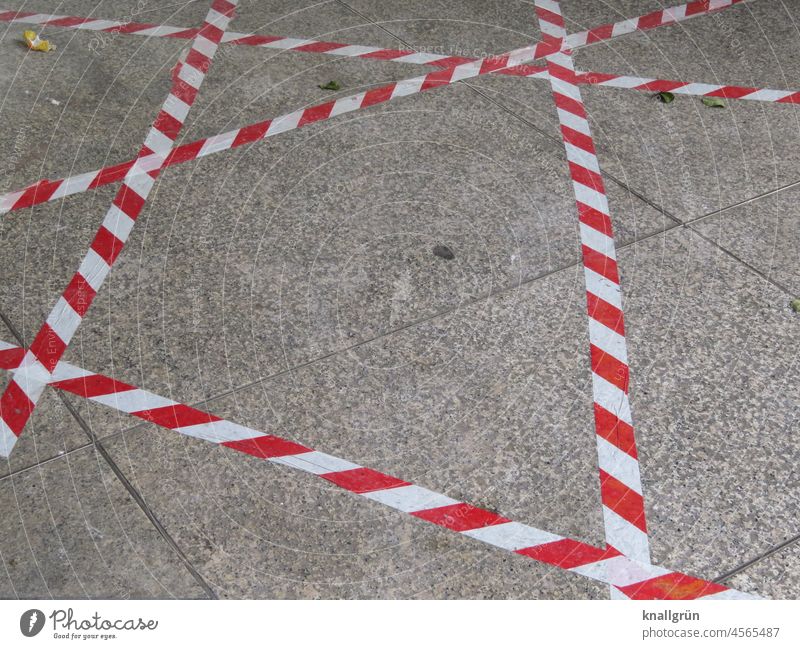 safety distance mark Protection corona Striped masked red-white-striped Ground criss-cross Security Zone gap Corona protection pandemic Risk of infection